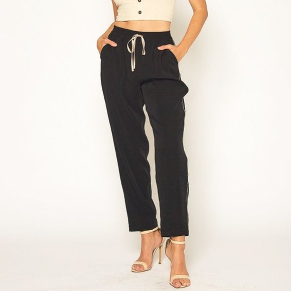 Pants - Drawstring Pants with Beige Satin Side Trim